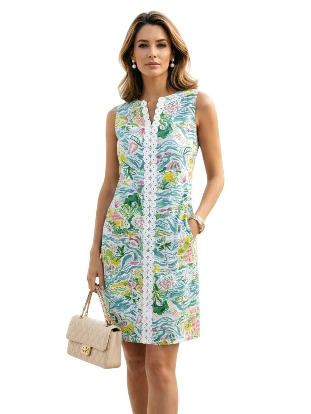 NWT Charlie Paige Linen Tropical Floral Multicolor Sleeveless Lace Shift Dress S